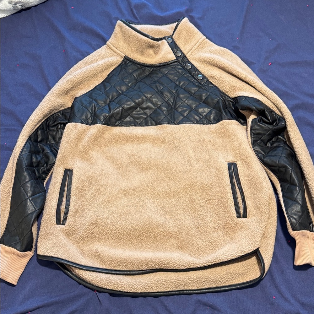 Tan and Black Fuzzy Quilted Pullover